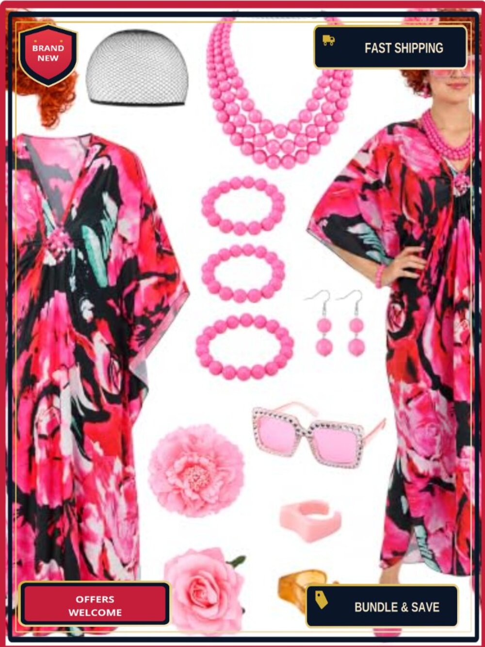 70s Retro Landlady Caftan Costume Set Curly Wig Jewelry Sunglasses Cosplay